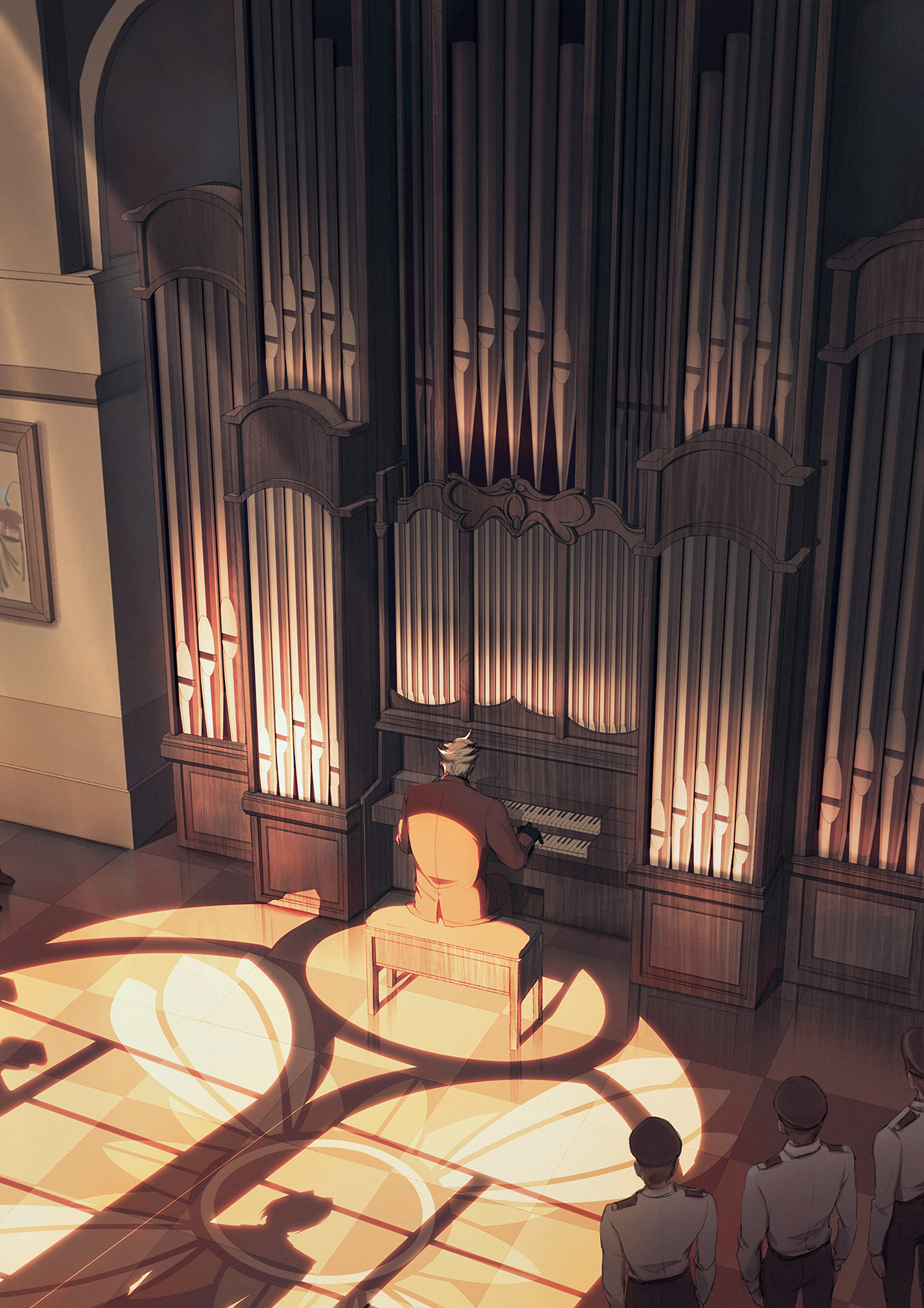 chanasykine, damon gant, ace attorney, phoenix wright: ace attorney, chinese commentary, commentary request, highres, 4boys, black gloves, black hat, formal clothes, gloves, hat, indoors, instrument, jacket, long sleeves, male focus, multiple boys, music, on bench, orange jacket, orange pants, orange suit, pants, piano bench, pipe organ, playing instrument, playing piano, police, reflective floor, shirt, shoulder boards, sitting, standing at attention, suit, suit jacket, sunlight, tile floor, tiles, white hair, white shirt, wide shot, window shadow