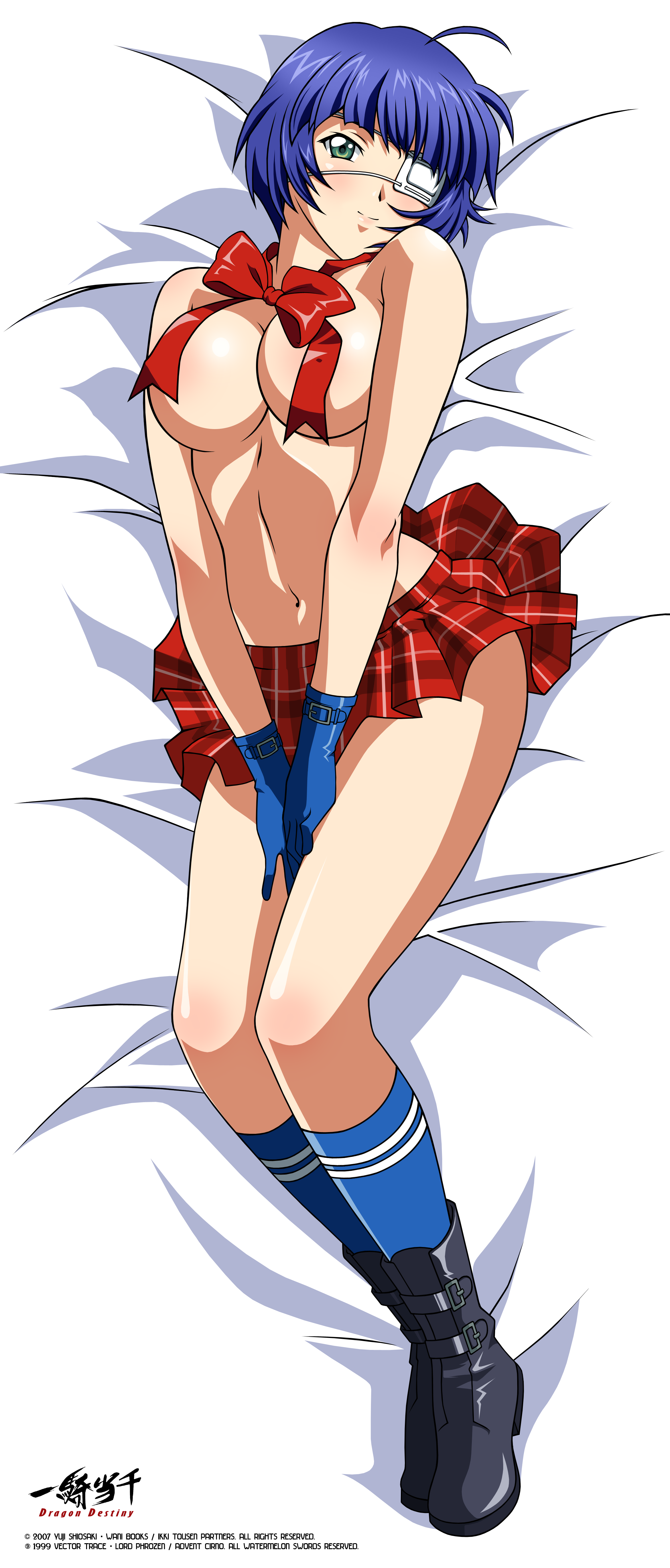 rin-sin, ryomou shimei, ikkitousen, ikkitousen dragon destiny, absurdres, derivative work, highres, long image, official art, tall image, vector trace, 00s, 1girl, ahoge, ankle boots, bed sheet, between legs, blue gloves, blue hair, blue socks, blunt bangs, blush, body blush, boots, bow, bowtie, breasts, buckle, cleavage, convenient censoring, copyright name, covered erect nipples, dakimakura (medium), dated, eyepatch, female focus, full body, gloves, green eyes, hand between legs, head tilt, indoors, kneehighs, large breasts, light smile, logo, looking at viewer, lying, miniskirt, navel, neck ribbon, on back, plaid clothes, plaid skirt, pleated skirt, red skirt, ribbon, short hair, skirt, socks, solo, topless female, underboob, v arms