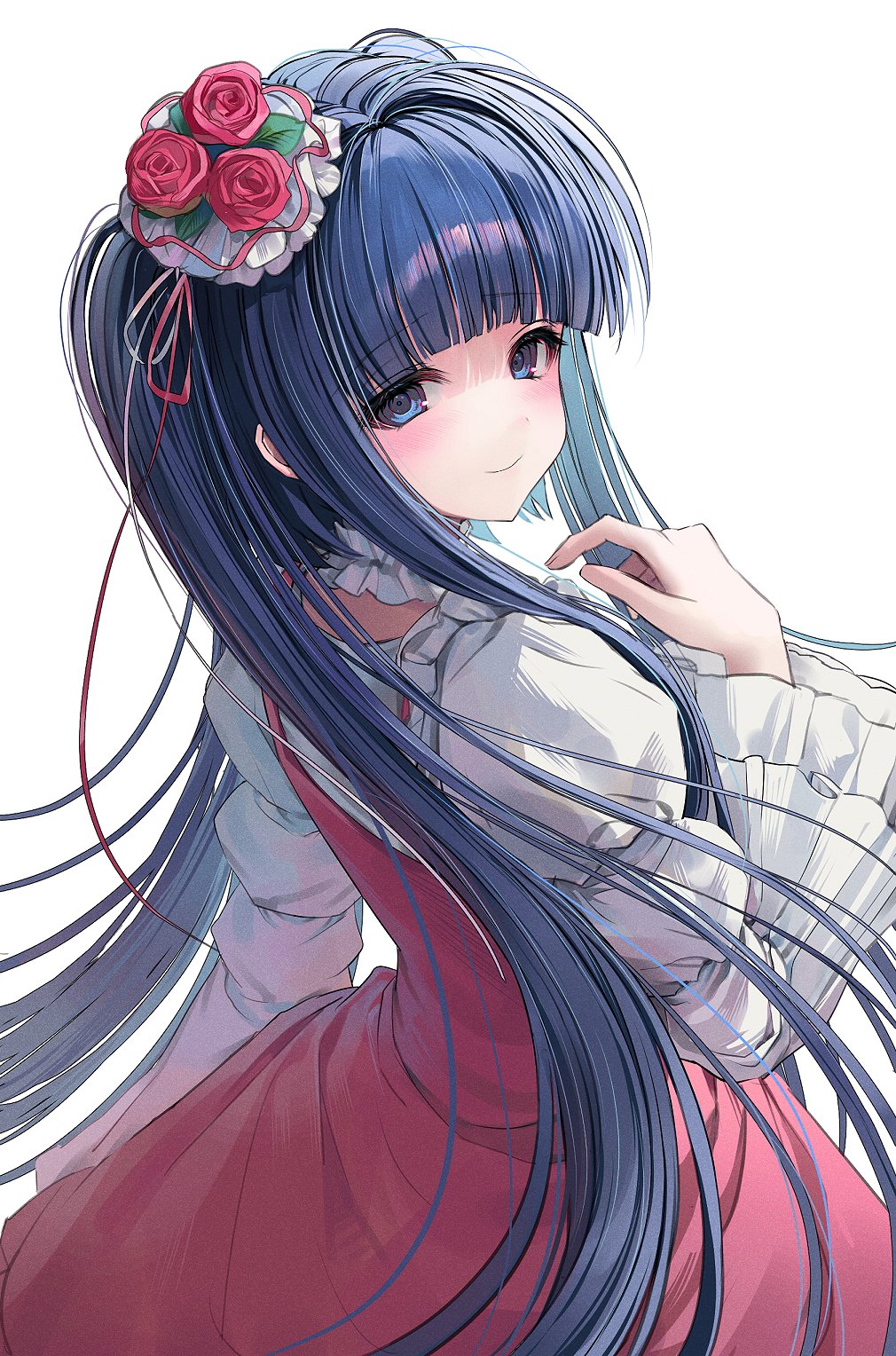 c0m3 as y0u ar3, furudo erika, umineko no naku koro ni, commentary, highres, variant set, 1girl, blue eyes, blue hair, blunt bangs, blush, choker, closed mouth, collar, cross-laced clothes, cross-laced skirt, dress, flower, frilled choker, frilled collar, frilled sleeves, frills, hair flower, hair ornament, hand up, high-waist skirt, lolita fashion, long hair, long sleeves, looking at viewer, looking back, puffy sleeves, red flower, red rose, ribbon, rose, shirt, sidelocks, simple background, skirt, smile, solo, twintails, very long hair, white background, white shirt, wide sleeves