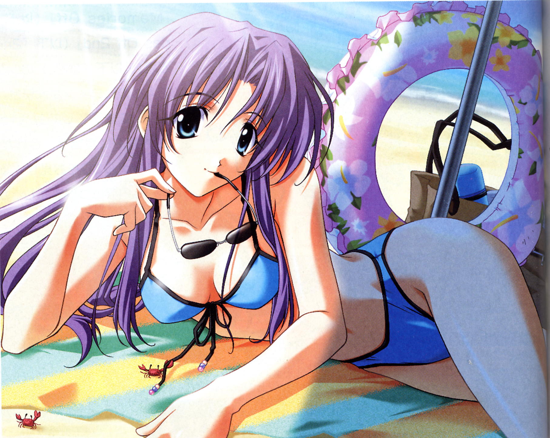 kirishima koyomi, memories off, highres, non-web source, 1girl, beach, bikini, blue eyes, crab, crustacean, day, female focus, innertube, long hair, lying, on side, outdoors, purple hair, solo, swim ring, swimsuit