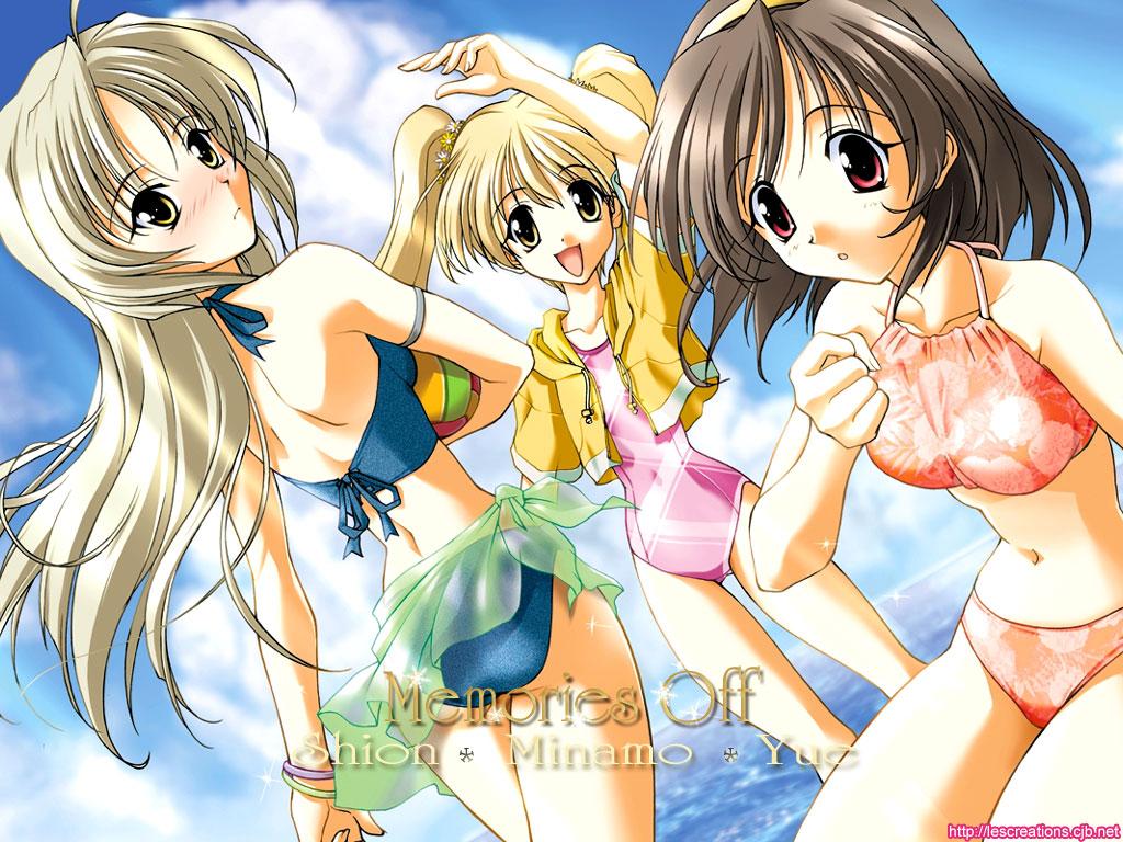 sasaki mutsumi, futami shion, ibuki minamo, imasaka yue, memories off, 3girls, beach, bikini, blonde hair, blush, bracelet, brown hair, character name, copyright name, covered navel, day, dutch angle, jewelry, long hair, multiple girls, navel, open mouth, swimsuit, watermark, web address