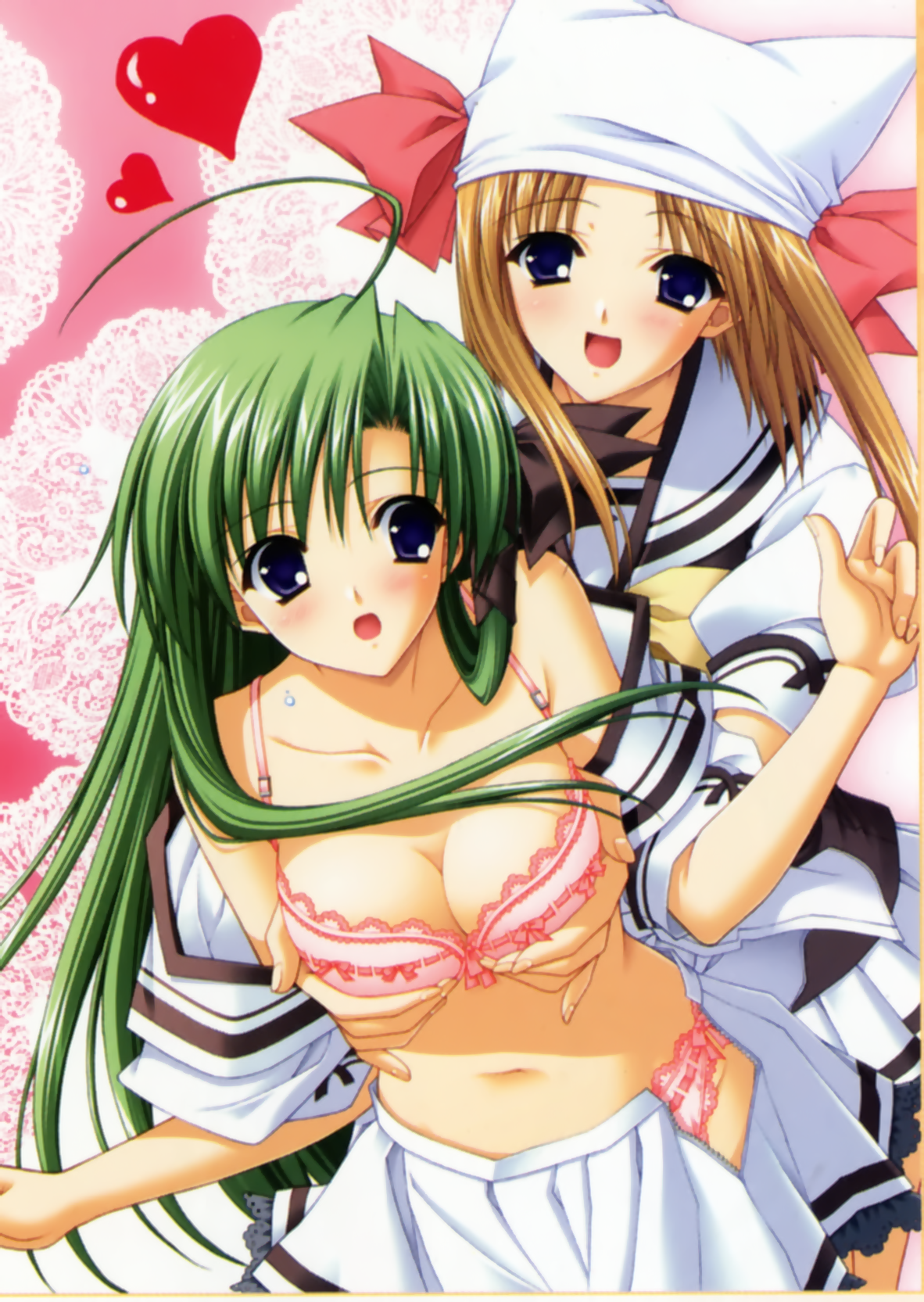 suzuhira hiro, shigure ama, shigure asa, shuffle!, highres, official art, 00s, 2girls, age difference, blush, bow, bra, breasts, grabbing another's breast, groping, hat, incest, lingerie, mother and daughter, multiple girls, pink bow, ribbon, smile, underwear, yuri