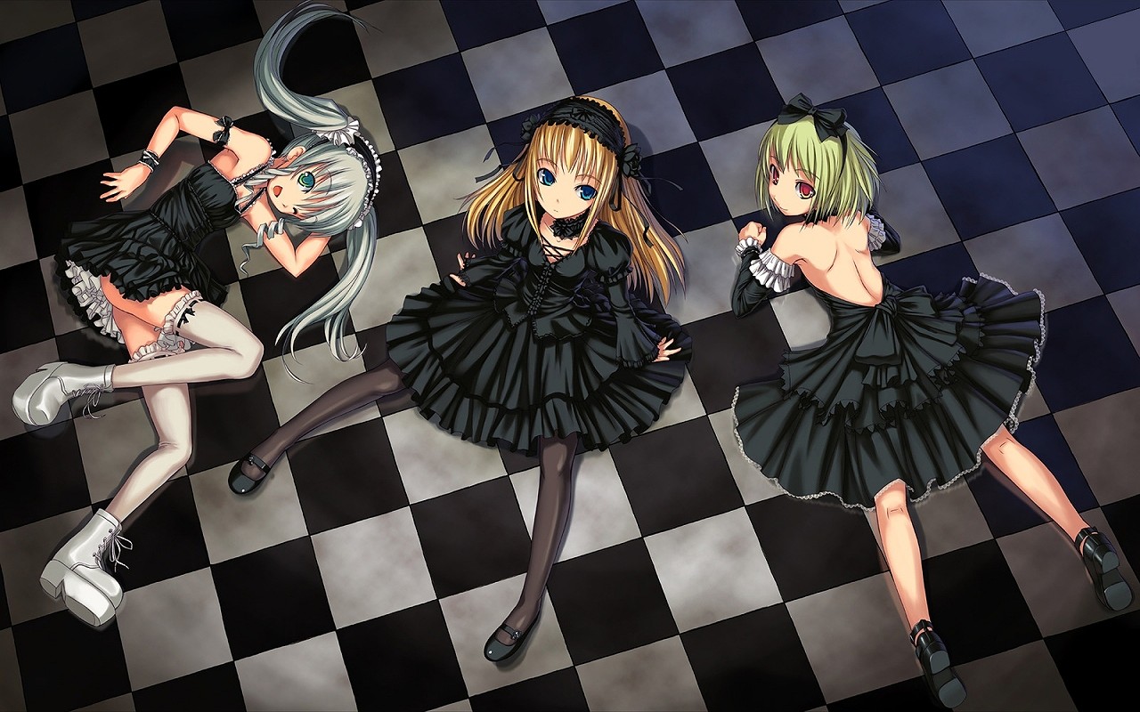 bosshi, original, white legwear, tagme, backless dress, backless outfit, checkered floor, dress, goth fashion, pantyhose, sitting, thighhighs