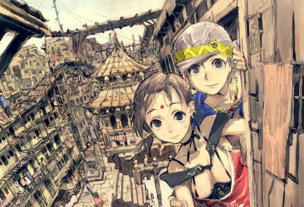 humi, toi8, jpeg artifacts, 2girls, bandana, bindi, blue eyes, breasts, brown hair, city, cityscape, cleavage, fantasy, grey eyes, large breasts, multiple girls, road, scenery, short hair, slums, stairs, street, summer