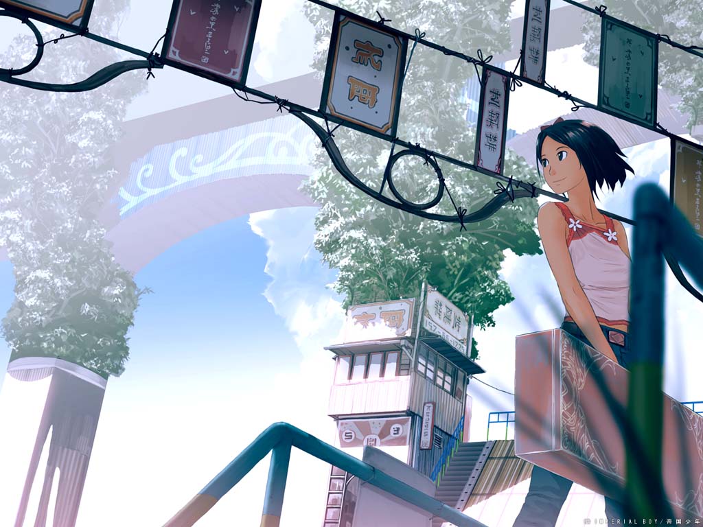 teikoku shounen, original, 1girl, black hair, brown eyes, female focus, ribbon, short hair, solo, suitcase, tank top
