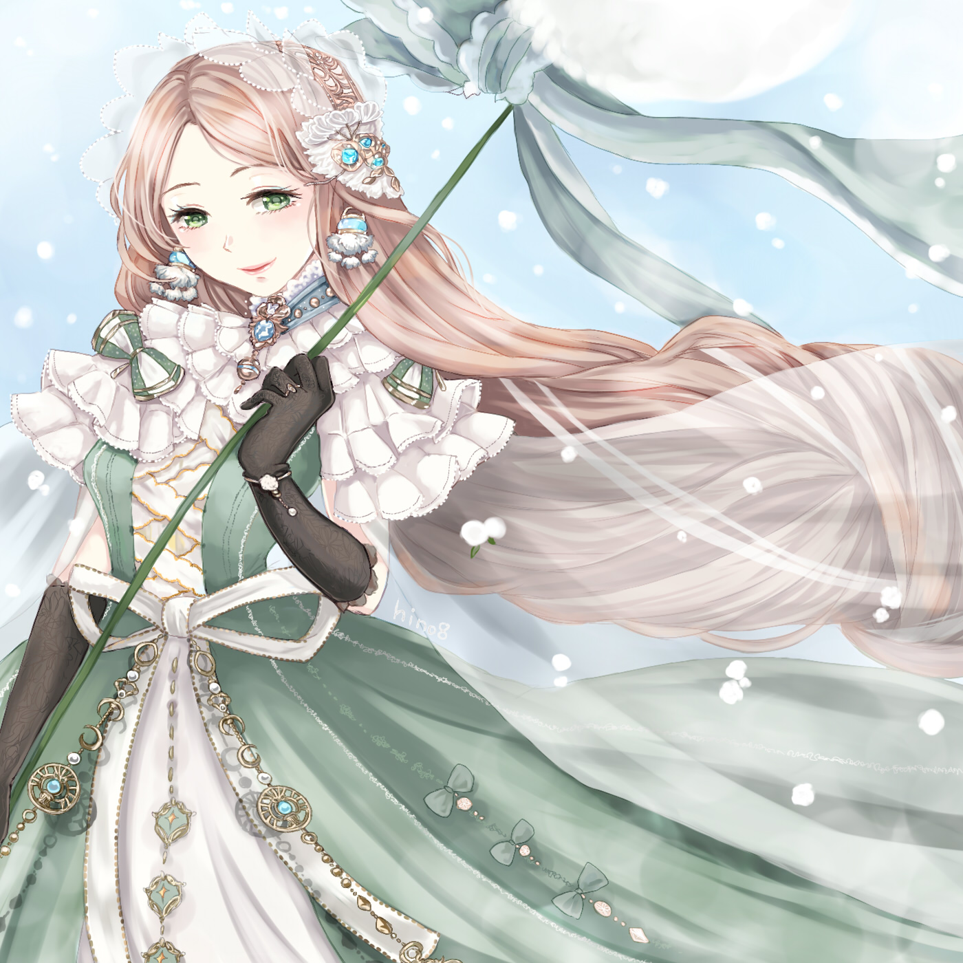 hino (8), miracle nikki, nikki (series), commentary, highres, 1girl, black gloves, blue collar, blue gemstone, blue sky, bow, bracelet, brown hair, cape, capelet, closed mouth, collar, cowboy shot, cross-laced clothes, cross-laced dress, dandelion, day, dream travel (miracle nikki), dress, dress bow, earrings, eyelashes, feather earrings, feathers, floating clothes, floating hair, flower, frilled capelet, frilled collar, frilled hairband, frills, gem, gloves, gown, green bow, green dress, green eyes, hairband, happy, holding, holding plant, jewelry, lace, lace-trimmed gloves, lace trim, layered dress, light blush, lipstick, long dress, long hair, makeup, outdoors, oversized plant, pink lips, plant, pleated dress, see-through cape, sky, smile, snowing, solo, standing, studded collar, very long hair, white cape, white capelet, white dress, white hairband, wind