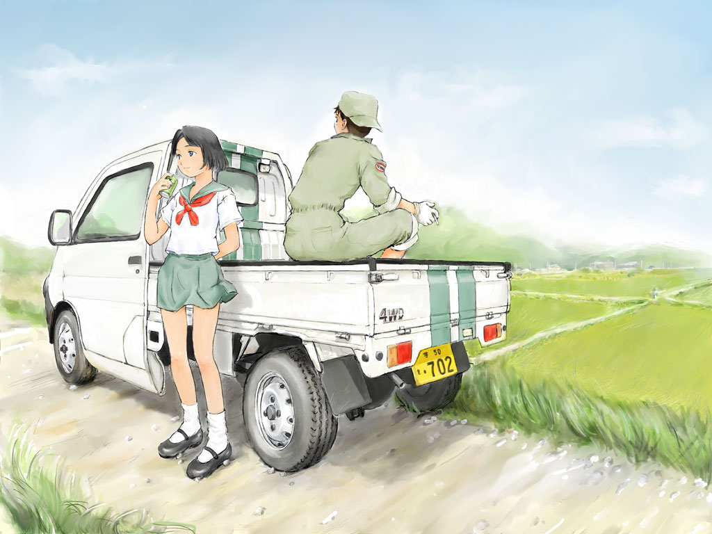 imo cyber, 1boy, 1girl, brown hair, can, drink, drinking, field, gloves, hat, jumpsuit, kei truck, motor vehicle, pickup truck, school uniform, serafuku, short hair, standing, thigh gap, truck