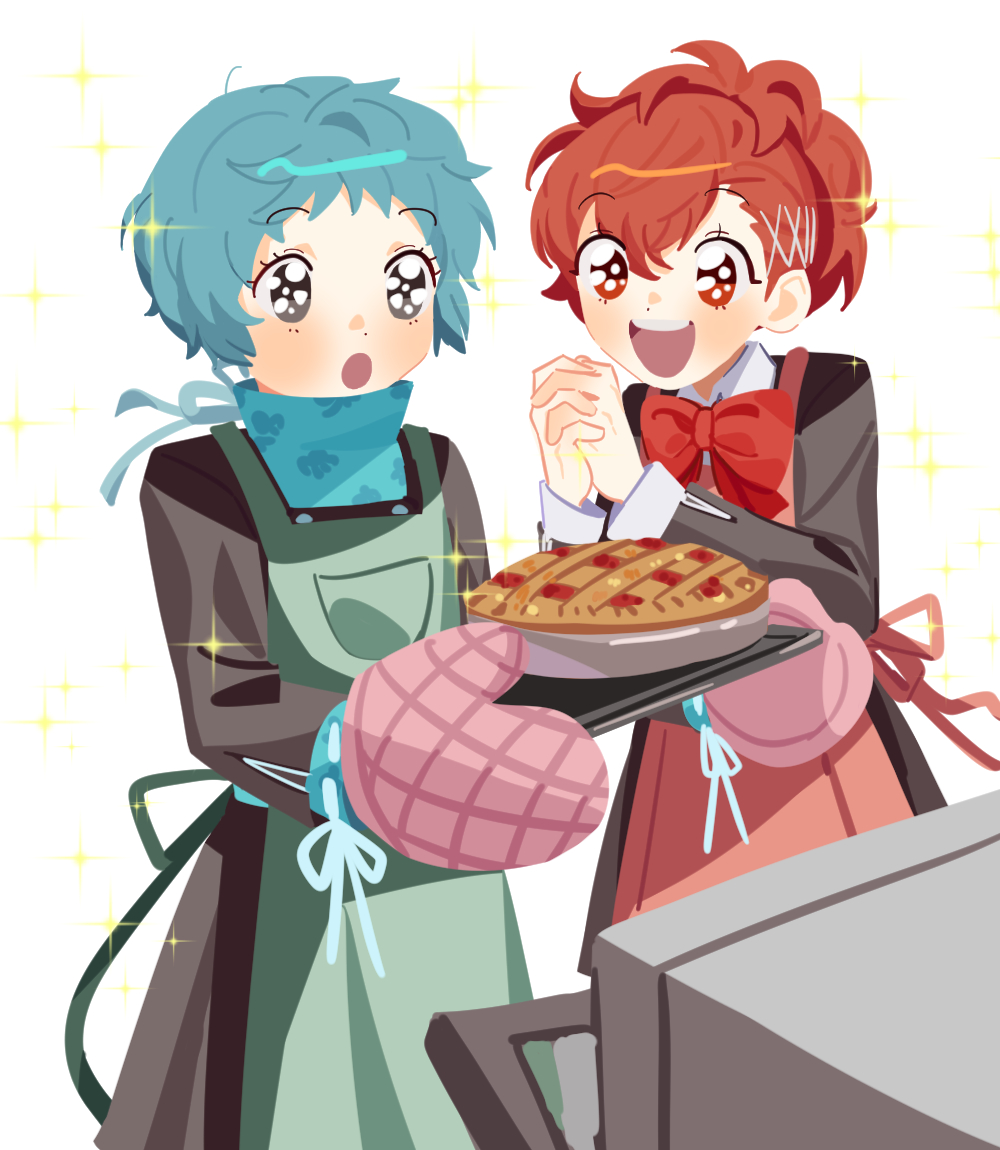 yomyompi, shiomi kotone, yamagishi fuuka, persona, persona 3, persona 3 portable, 2girls, :d, :o, apron, aqua hair, awestruck, black jacket, black skirt, blue hair, blue sweater, blush, bow, brown hair, dot nose, food, gekkoukan high school uniform, green apron, grey eyes, hair ornament, hairclip, holding, holding tray, jacket, multiple girls, open mouth, oven mitts, own hands clasped, own hands together, pie, red apron, red bow, red eyes, school uniform, short hair, simple background, skirt, smile, sparkle, sweater, teeth, tray, turtleneck, turtleneck sweater, upper teeth only, white background
