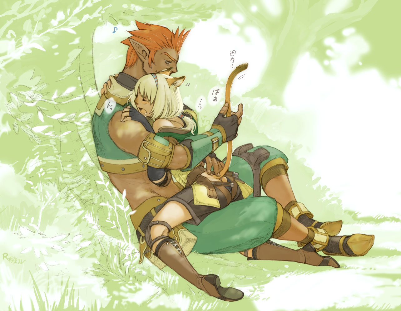 elvaan, mithra (ff11), thief (final fantasy), final fantasy, final fantasy xi, 00s, 1boy, 1girl, animal ears, blonde hair, cat ears, cat girl, cat tail, drooling, elf, heavy breathing, pointy ears, size difference, tail, tail fondling, torogao, twitching, uncommon stimulation