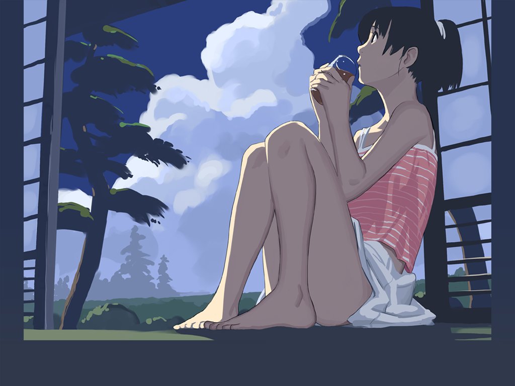 takamichi, 1girl, bare shoulders, barefoot, black hair, cup, drinking, drinking glass, female focus, looking up, muted color, ponytail, short hair, sitting, slice of life, solo, tree, window