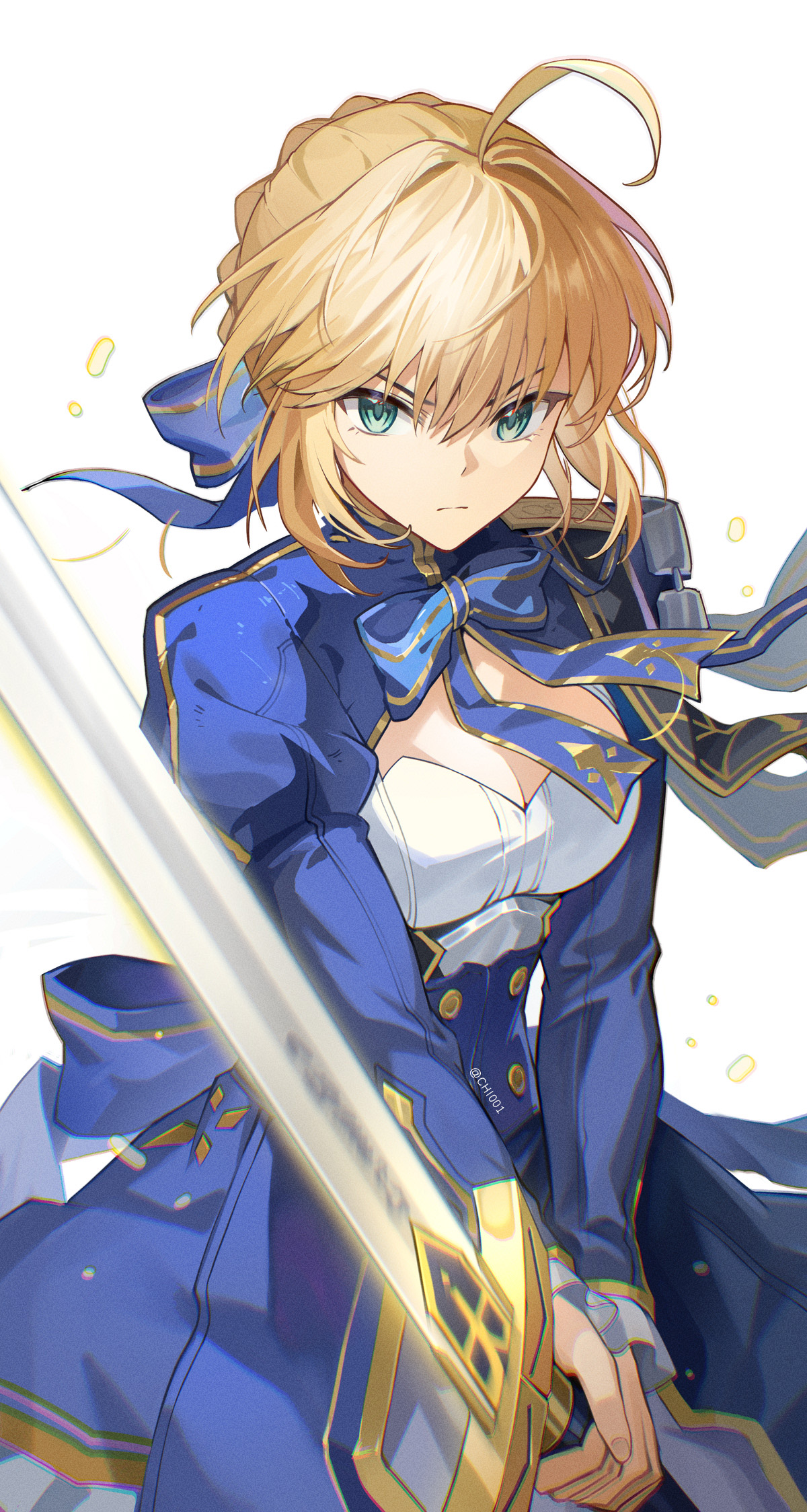chi-aaa, artoria pendragon (fate), saber (fate), saber (honkai: star rail) (fate), fate/stay night, fate/unlimited blade works, fate (series), honkai: star rail, honkai (series), commentary request, highres, 1girl, ahoge, blonde hair, blue bow, blue bowtie, blue dress, bow, bowtie, breasts, cleavage, cleavage cutout, closed mouth, clothing cutout, cowboy shot, dress, excalibur (fate/stay night), expressionless, fighting stance, glowing, glowing sword, glowing weapon, green eyes, hair between eyes, hair ribbon, holding, holding sword, holding weapon, long sleeves, looking at viewer, medium breasts, ribbon, simple background, solo, sword, two-handed, weapon, white background