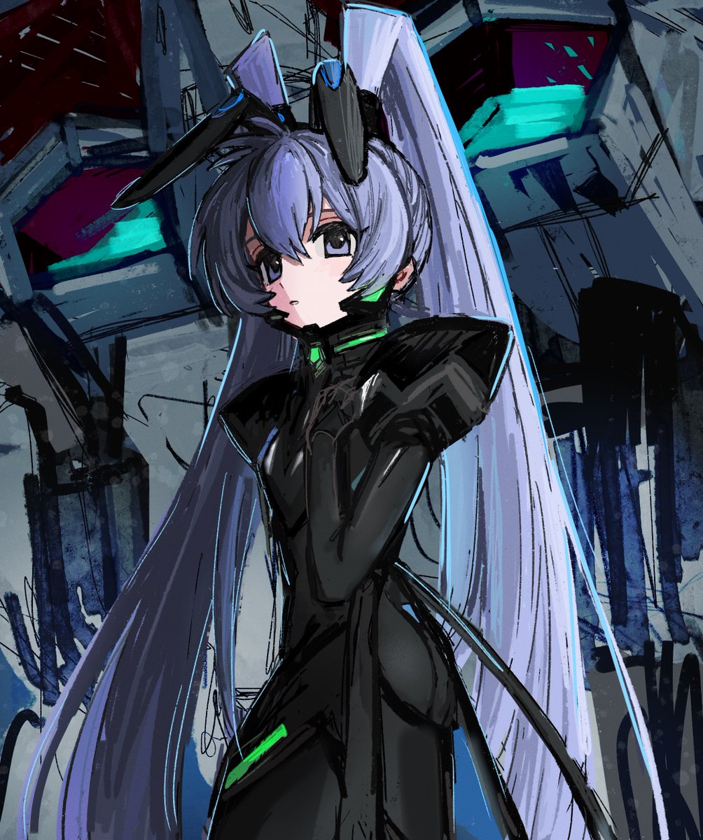b nosk101, yashiro kasumi, muv-luv, muv-luv alternative, highres, 1girl, animal ears, armor, ass, black bodysuit, bodysuit, cowboy shot, expressionless, fake animal ears, fortified suit, fortified suit (yashiro kasumi), from side, hand on own chest, hand up, long hair, looking at viewer, looking to the side, mecha, mecha pilot suit, parted lips, pauldrons, purple eyes, purple hair, rabbit ears, robot, shoulder armor, solo, standing, twintails, twisted torso, very long hair