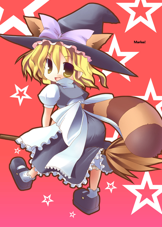 nagomi tozakura, kirisame marisa, touhou, 1girl, :d, animal ears, black shoes, blonde hair, broom, broom riding, ears through headwear, female focus, hat, open mouth, raccoon ears, raccoon tail, shoes, smile, solo, tail, witch hat, yellow eyes