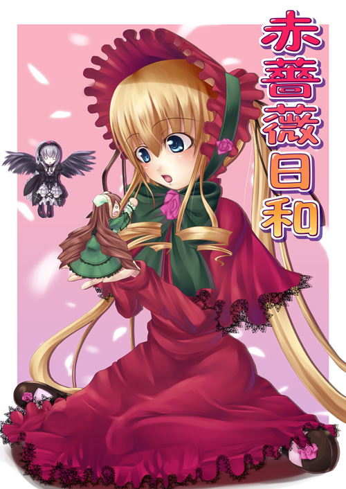 asa (swallowtail), shinku, suigintou, suiseiseki, rozen maiden, 00s, 3girls, black dress, black wings, blonde hair, bonnet, bow, bowtie, capelet, chibi, dress, flying, full body, green bow, green bowtie, long hair, long sleeves, mini person, minigirl, multiple girls, red dress, sidelocks, sitting, size difference, surprised, swallowtail, text focus, twintails, very long hair, wariza, wings