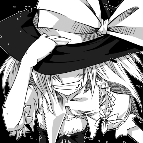 gengorou, kirisame marisa, touhou, lowres, 1girl, braid, fang, female focus, greyscale, hand on headwear, hat, monochrome, solo, upper body, witch, witch hat