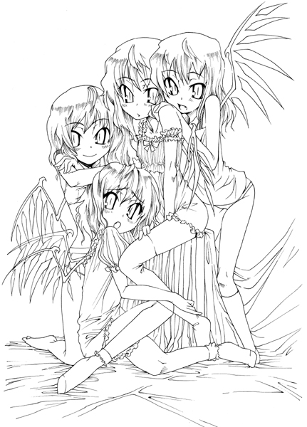 gengorou, flandre scarlet, touhou, 4girls, clone, female focus, frills, greyscale, lingerie, monochrome, multiple girls, nightgown, simple background, sitting, socks, standing, thighhighs, underwear, white background, wings