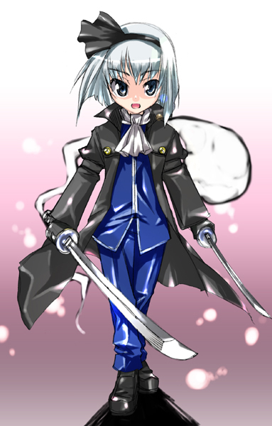 gengorou, konpaku youmu, konpaku youmu (ghost), touhou, 1girl, coat, female focus, hitodama, katana, solo, sword, weapon