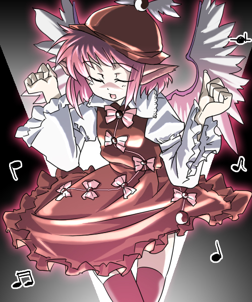 gengorou, mystia lorelei, touhou, 1girl, animal ears, closed eyes, dancing, dress, female focus, gradient background, hat, musical note, pink hair, short hair, solo, thighhighs, wide sleeves, wings