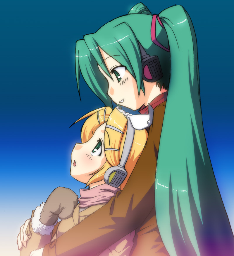 fumotono mikoto, hatsune miku, kagamine rin, vocaloid, 2girls, aqua eyes, aqua hair, blonde hair, blue background, blush, coat, female focus, gradient background, headphones, hug, long hair, long sleeves, looking at another, matching hair/eyes, mittens, multiple girls, open mouth, parted lips, scarf, short hair, teeth, twintails, very long hair, winter clothes