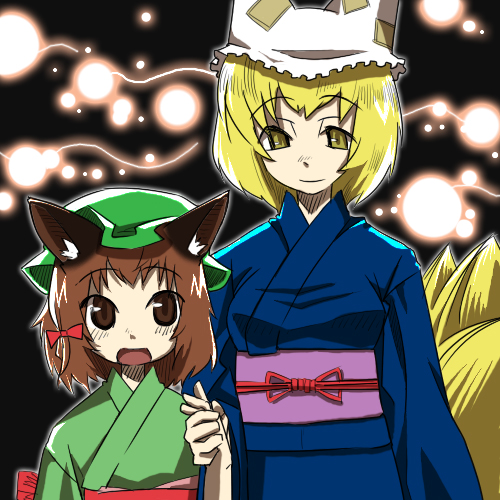 gengorou, chen, yakumo ran, touhou, lowres, 2girls, alternate costume, animal ears, blonde hair, brown eyes, brown hair, bug, cat ears, cat girl, cat tail, female focus, fireflies, firefly, fox tail, hair ribbon, hat, japanese clothes, kimono, multiple girls, multiple tails, ribbon, short hair, tail, yellow eyes, yukata