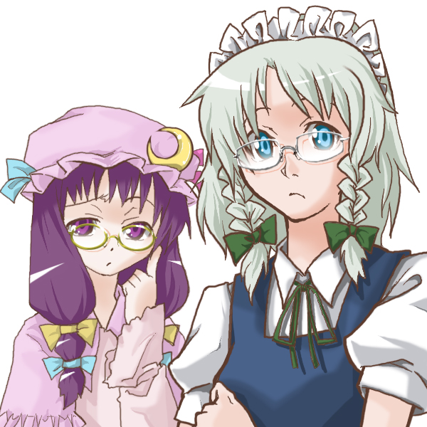 gengorou, izayoi sakuya, patchouli knowledge, touhou, 2girls, bespectacled, braid, female focus, glasses, hat, multiple girls, simple background, twin braids, upper body, white background