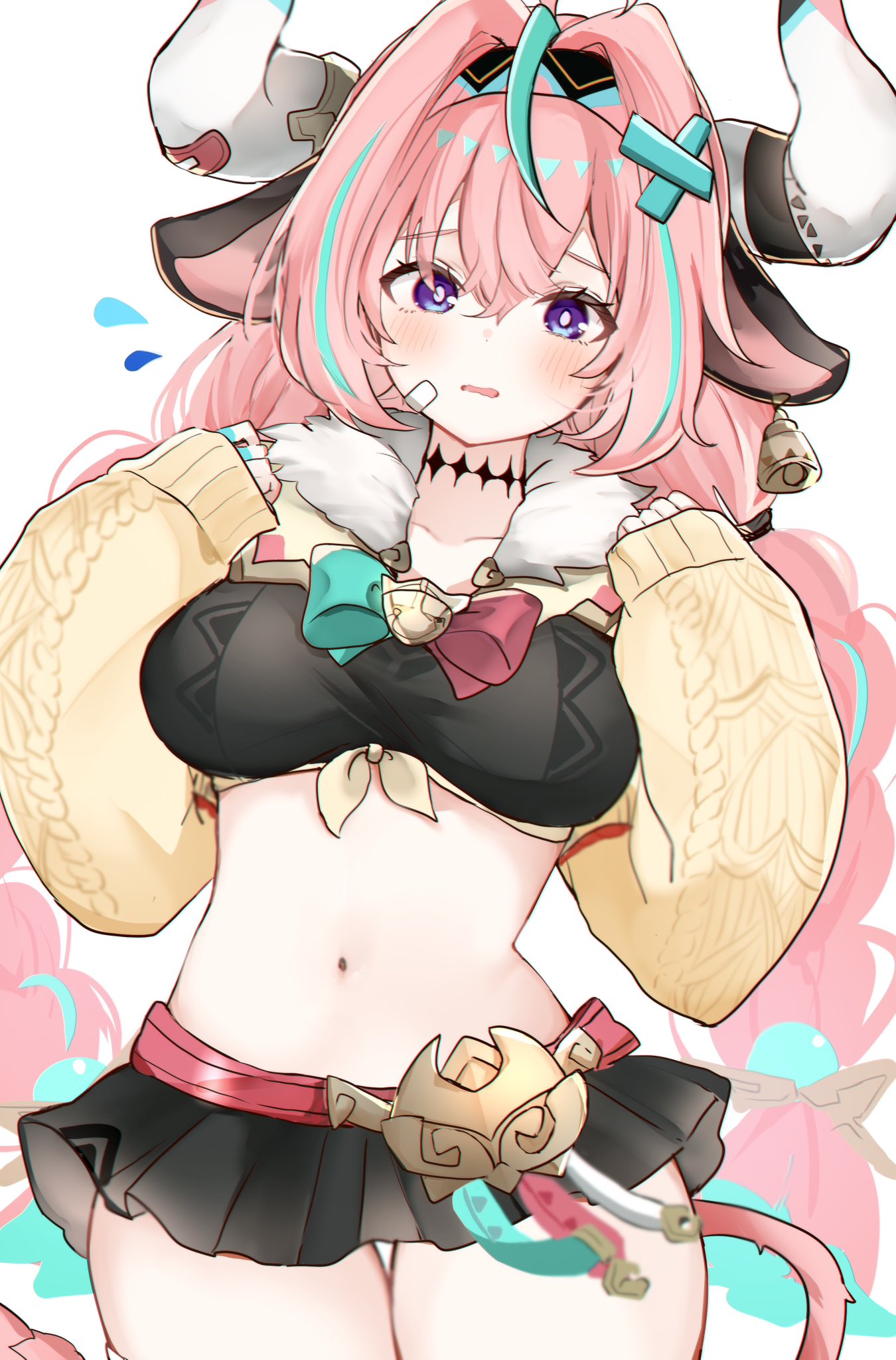 pof (peuplierpof), varesa (genshin impact), genshin impact, commentary request, highres, 1girl, animal ears, aqua hair, belt, black skirt, blush, braid, breasts, bright pupils, cow ears, cow girl, cow tail, cowboy shot, fur trim, horns, large breasts, midriff, miniskirt, multicolored hair, navel, parted lips, pink hair, pink tail, pleated skirt, purple eyes, red belt, simple background, skirt, solo, stomach, streaked hair, tail, twin braids, white background, white horns, yellow sleeves