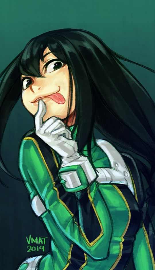 vmat, asui tsuyu, boku no hero academia, commentary, english commentary, 1girl, 2019, artist name, black eyes, black hair, bodysuit, breasts, gloves, gradient background, green background, green bodysuit, hair between eyes, looking at viewer, parted lips, small breasts, smile, solo, superhero costume, tongue, tongue out, white gloves