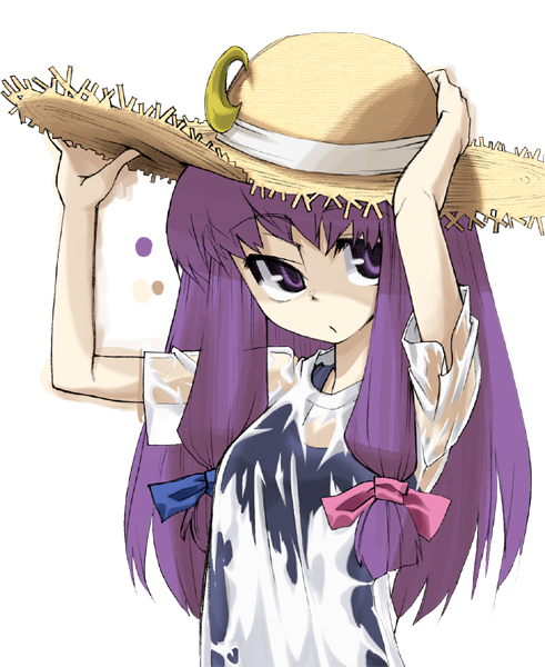 gengorou, patchouli knowledge, touhou, 1girl, alternate costume, bow, female focus, hat, pink bow, ribbon, see-through clothes, solo, straw hat