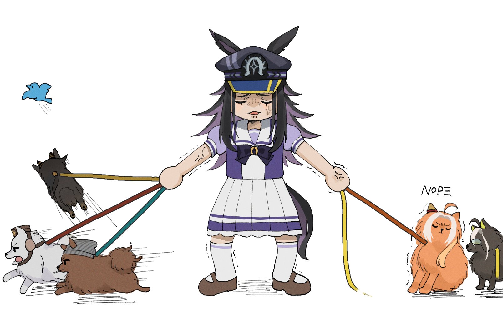 himo (user rzgz5877), dream journey (umamusume), fenomeno (umamusume), gold ship (umamusume), nakayama festa (umamusume), orfevre (umamusume), stay gold (umamusume), umamusume, highres, animal ears, annoyed, beanie, bird, black hair, bow, brown fur, brown hat, candy, closed eyes, closed mouth, collar, dog, dog ears, dog tail, ear ornament, ears through headwear, flipped hair, food, glasses, grey fur, grey hat, hat, holding, holding leash, horse ears, horse girl, horse tail, leash, lollipop, lollipop in mouth, long hair, multicolored hair, open mouth, orange fur, peaked cap, pillbox hat, purple hair, purple sailor collar, purple serafuku, purple shirt, sailor collar, school uniform, serafuku, shirt, shoes, simple background, skirt, smile, stay gold clan (umamusume), summer uniform, tail, thighhighs, tongue, tongue out, tracen school uniform, white background, white fur, white sailor collar, white skirt, white thighhighs