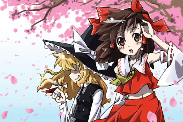 gengorou, hakurei reimu, kirisame marisa, bohemian archive in japanese red, touhou, 2girls, alcohol, blonde hair, cherry blossoms, female focus, hat, multiple girls, sake, witch hat