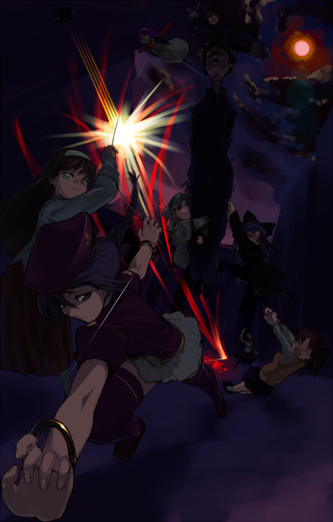 negy, arcueid brunestud, kohaku (tsukihime), len (tsukihime), mecha hisui, sion eltnam (type-moon), sion eltnam atlasia, tohno akiha, white len (tsukihime), yumizuka satsuki, melty blood, tsukihime, type-moon, light, 00s, 1boy, 6+girls, battle, blonde hair, bracelet, braid, braided ponytail, closed eyes, cloud, dark, dusk, dying, expressionless, fighting, glowing, glowing eyes, hanging, jewelry, multiple girls, open mouth, shaded face, smile, string, sun, tears, tongue