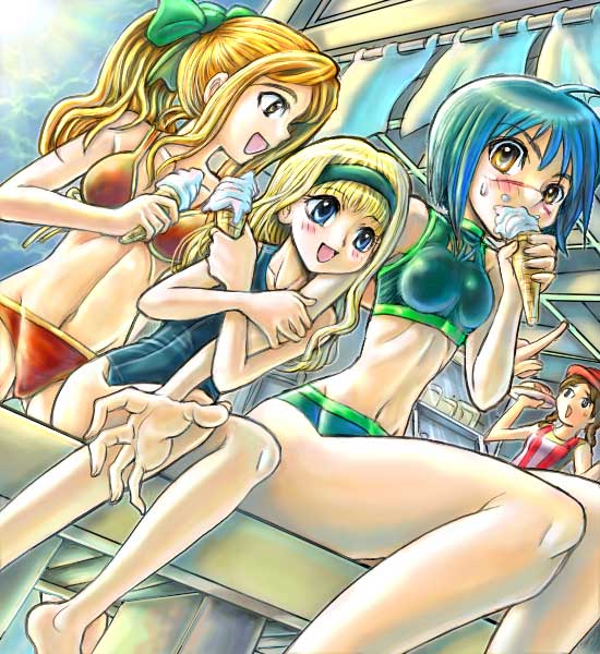 mitsurou, mutou mahiro, tsumura tokiko, busou renkin, 00s, blonde hair, blue eyes, blue hair, eating, food, ice cream, scar, swimsuit, yellow eyes