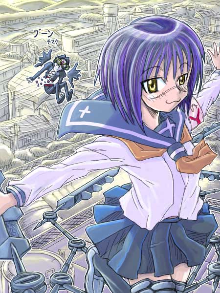 mitsurou, papillon, tsumura tokiko, busou renkin, 00s, blue hair, chono koshaku, scar, school uniform, serafuku, valkyrie skirt, yellow eyes