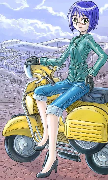 tsumura tokiko, busou renkin, black footwear, vehicle, 00s, 1girl, black gloves, blue hair, cloud, day, facing viewer, female focus, full body, gloves, hand on own hip, high heels, looking at viewer, motor vehicle, motorcycle, no socks, outdoors, scar, scar on face, scar on nose, scooter, sett, sitting, sky, solo, yellow eyes