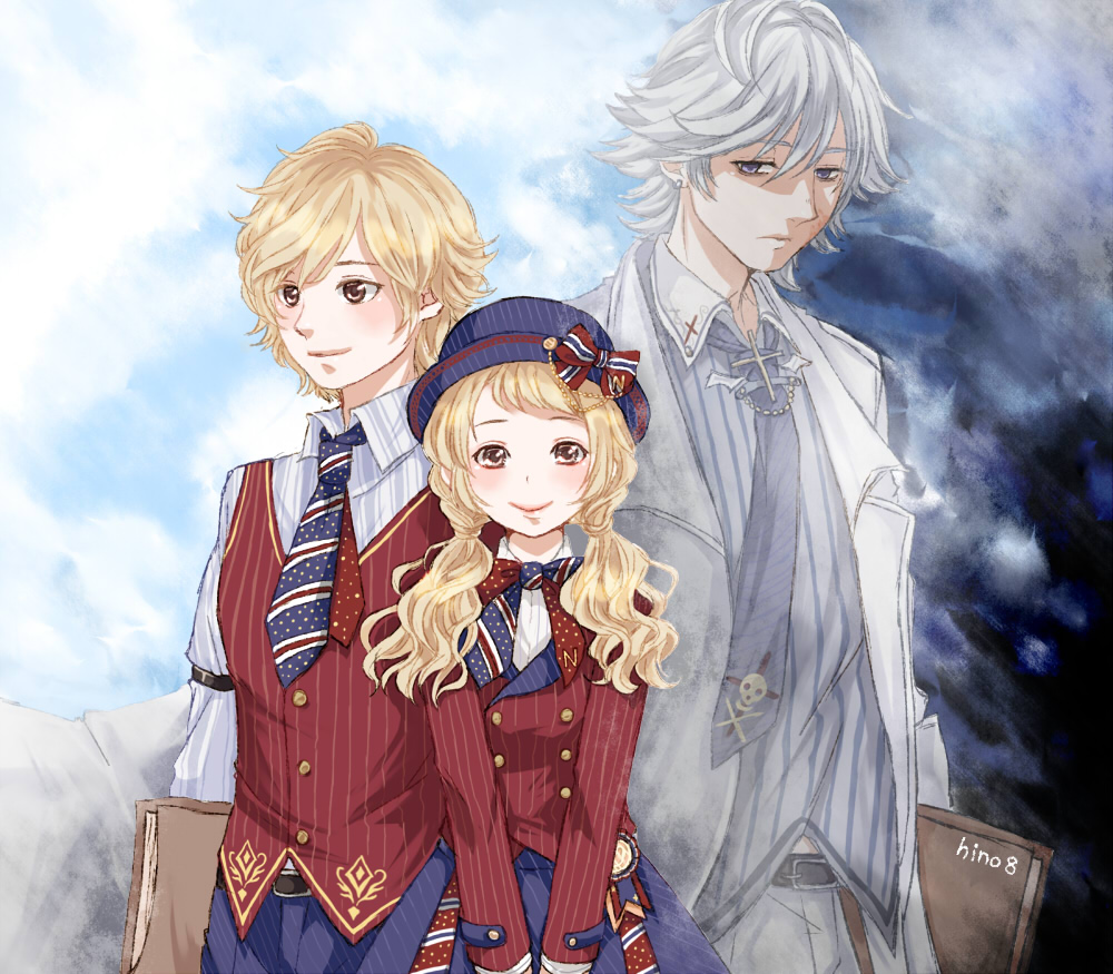 hino (8), miracle nikki, nikki (series), commentary request, 1girl, 2boys, belt, belt buckle, black belt, blazer, blonde hair, blue bow, blue bowtie, blue hat, blue necktie, blue pants, blue skirt, blue sky, bow, bowler hat, bowtie, brother and sister, brown eyes, buckle, buttons, closed mouth, clothing cutout, cloud, collared jacket, collared shirt, darkness, day, doctor, double-breasted, dress, dress pants, dual persona, expressionless, grey hair, grey pants, grey raven, grey shirt, hair over shoulder, hair tie, hands on lap, happy, hat, hat bow, height difference, holding binder, jacket, lab coat, lapels, layered dress, lips, long hair, long sleeves, looking ahead, looking at viewer, low twintails, morrison (miracle nikki), multiple boys, necktie, notched lapels, outdoors, pants, pinstripe hat, pinstripe pattern, pinstripe shirt, polka dot, polka dot bow, polka dot bowtie, polka dot necktie, red bow, red bowtie, red jacket, school uniform, shirt, siblings, single stripe, skirt, skull and crossbones, sky, sleeve cuffs, smile, standing, stomach cutout, striped bow, striped bowtie, striped clothes, striped necktie, striped skirt, swept bangs, tie clip, twintails, two-tone bow, two-tone bowtie, unfinished promise (miracle nikki), wavy hair, white shirt