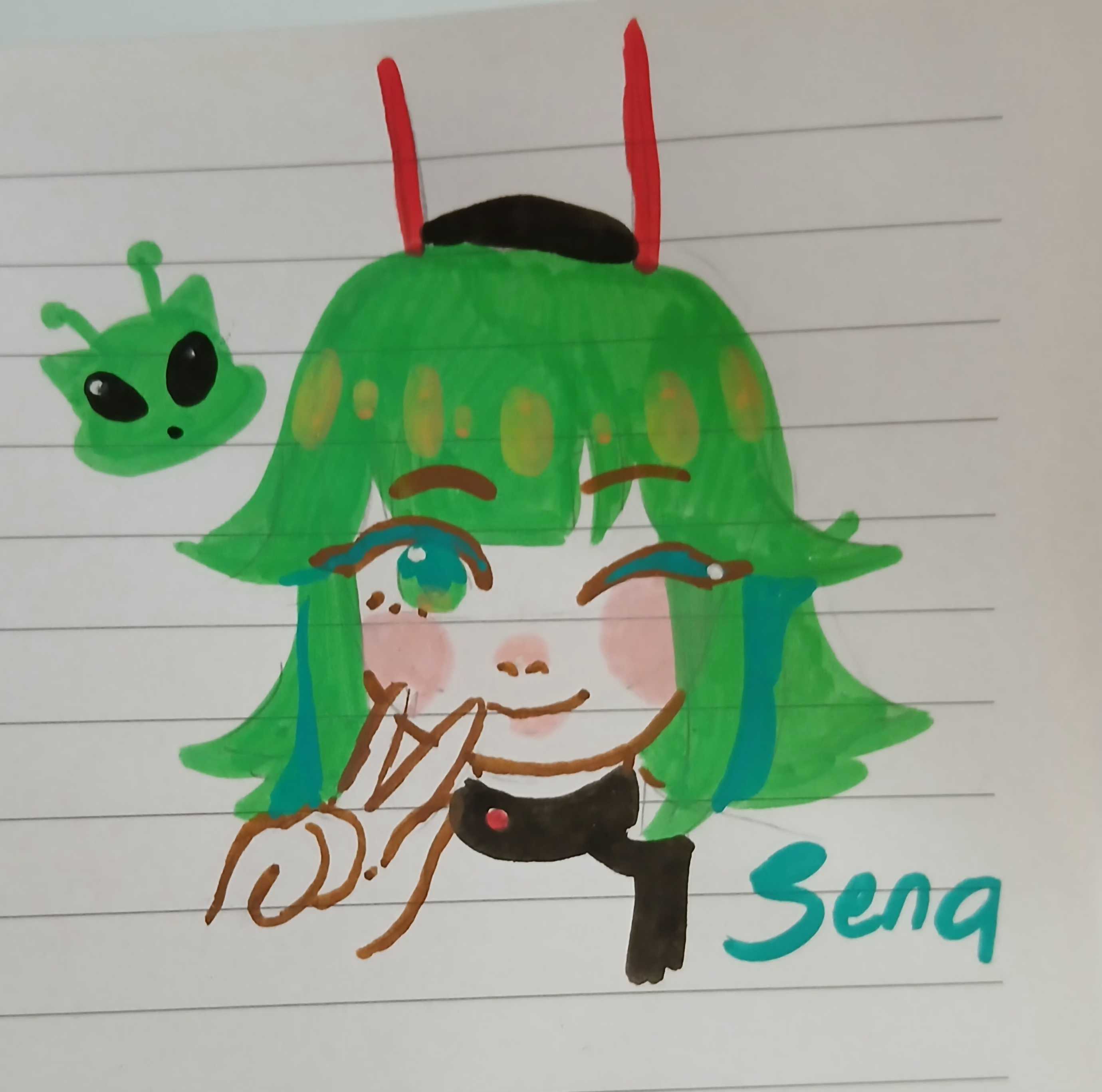 lyraamst, tsukuyomi sena, 39chan, utau, traditional media, 1other, alien, androgynous, antennae, black collar, black trim, blush stickers, character name, closed mouth, collar, colored eyelashes, cropped torso, green eyes, green hair, headphones, one eye closed, shirt, smile, v, white shirt