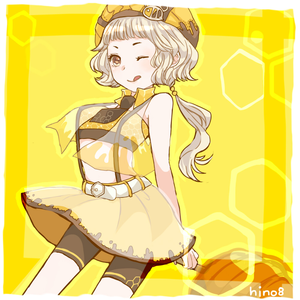 hino (8), miracle nikki, nikki (series), 1girl, ;q, bare arms, bare shoulders, bee, bee hat ornament, belt, belt buckle, beret, blonde hair, border, brown eyes, brown necktie, brown shorts, buckle, bug, closed mouth, cowboy shot, crop top, detached collar, dot nose, eyelashes, hair bobbles, hair ornament, happy, hat, hat ornament, high collar, holding, holding behind back, honey dipper, honeycomb (pattern), insect, light blush, long hair, looking at viewer, low ponytail, midriff, miniskirt, necktie, one eye closed, open clothes, open vest, outline, pleated skirt, ponytail, ribbon-trimmed headwear, ribbon trim, see-through vest, shirt, shorts, shorts under skirt, signature, skirt, sleeveless, sleeveless shirt, smile, solo, standing, suspender skirt, suspenders, sweet sunshine (miracle nikki), tareme, tongue, tongue out, vertical-striped collar, vest, white belt, white border, yellow background, yellow collar, yellow hat, yellow outline, yellow shirt, yellow skirt, yellow vest
