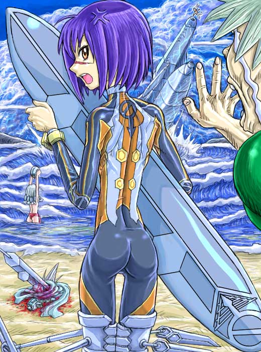 tsumura tokiko, busou renkin, character request, 00s, 1boy, 2girls, anger vein, angry, ass, beach, blue hair, bodysuit, cowboy shot, crying, day, from behind, green hair, legs together, long hair, looking back, multiple girls, ocean, outdoors, outstretched arm, purple hair, scar, short hair, skinny, streaming tears, tears, thigh gap, valkyrie skirt, yellow eyes