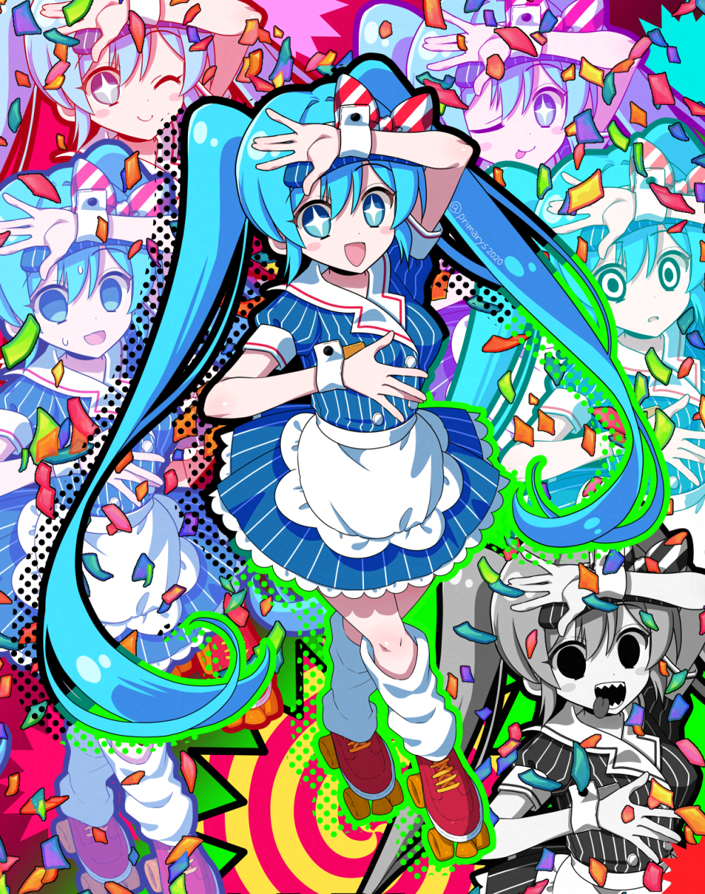 kyuubi mika, hatsune miku, mesmerizer (vocaloid), vocaloid, highres, 1girl, black mouth, blue hair, dress, drill hair, gloves, hat, long hair, maid, open mouth, pinstripe dress, pinstripe hat, pinstripe pattern, shirt, short sleeves, smile, smiley hair ornament, smiley hat ornament, solo, striped clothes, tridecagram, twin drills, twintails, visor cap