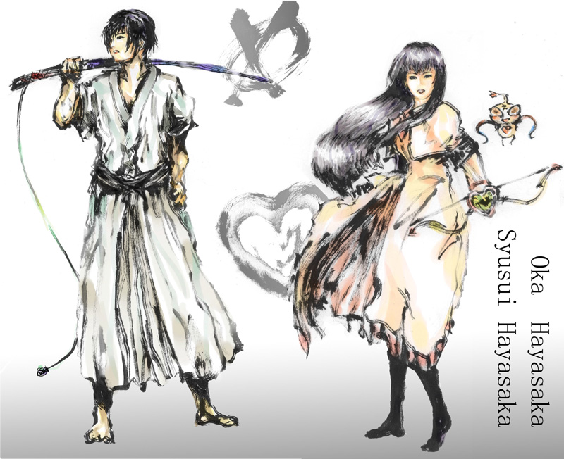 angel gozen (character), hayasaka ouka, hayasaka shusui, busou renkin, looking away, 00s, 1boy, 1girl, 1other, angel gozen (weapon), barefoot, black hair, bow (weapon), character name, creature, facing viewer, floating, full body, gradient background, hakama, hakama skirt, heart, japanese clothes, katana, long hair, looking at viewer, looking to the side, school uniform, short hair, siblings, simple background, skirt, smile, sword, twins, weapon, white background