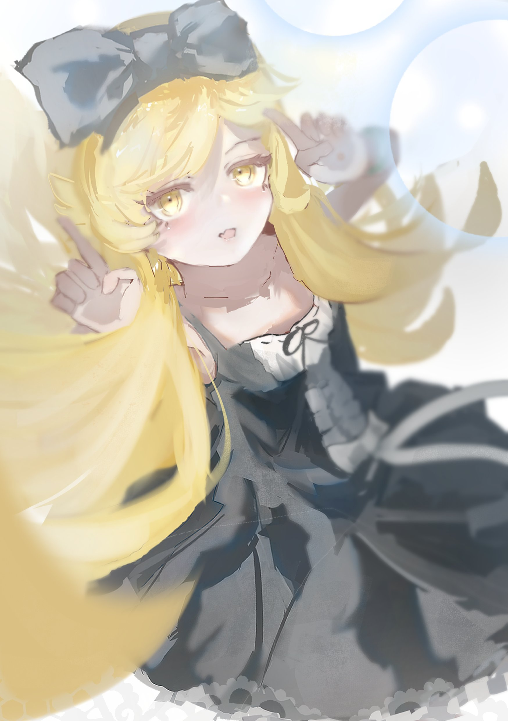 shinobusc2, oshino shinobu, monogatari (series), absurdres, highres, 1girl, black bow, black dress, blonde hair, bow, dress, hair bow, index finger raised, light blush, long hair, looking at viewer, open mouth, simple background, smile, white background, yellow eyes