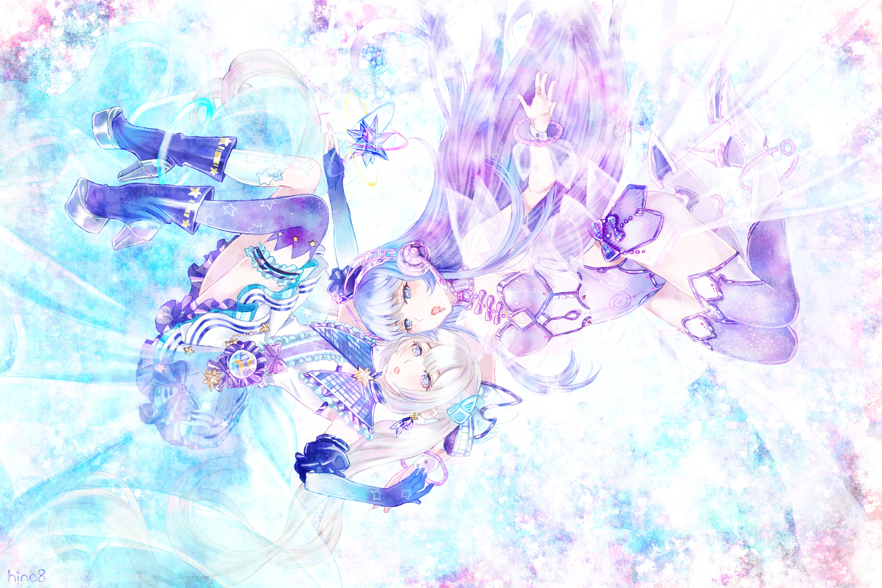 hino (8), miracle nikki, nikki (series), commentary request, highres, 2girls, bare shoulders, blonde hair, blue background, blue gloves, blue sleeves, boots, bow, bracelet, brooch, capelet, cleavage cutout, clothing cutout, cosmos sound (miracle nikki), detached sleeves, diamond cutout, dress, elbow gloves, eyelashes, floating, frilled capelet, frilled dress, frilled sleeves, frilled thigh strap, frills, full body, gloves, gradient background, gradient gloves, gradient hair, grey boots, grey hair, hair between eyes, hair ornament, hair ribbon, headphones, heads together, high heel boots, high heels, idol, jewelry, leotard, light blush, light particles, long hair, long sleeves, multicolored boots, multicolored hair, multiple girls, music, nebula echo (miracle nikki), open mouth, puffy long sleeves, puffy short sleeves, puffy sleeves, purple boots, purple bow, purple capelet, purple eyes, purple hair, purple leotard, purple ribbon, purple thighhighs, ribbon, see-through clothes, see-through sleeves, short dress, short sleeves, sidelocks, singing, single thighhigh, star (symbol), star brooch, star print, strapless, strapless leotard, thigh strap, thighhighs, twintails, two-tone boots, two-tone hair, very long hair, wavy hair, white background, white boots, white dress, white sleeves