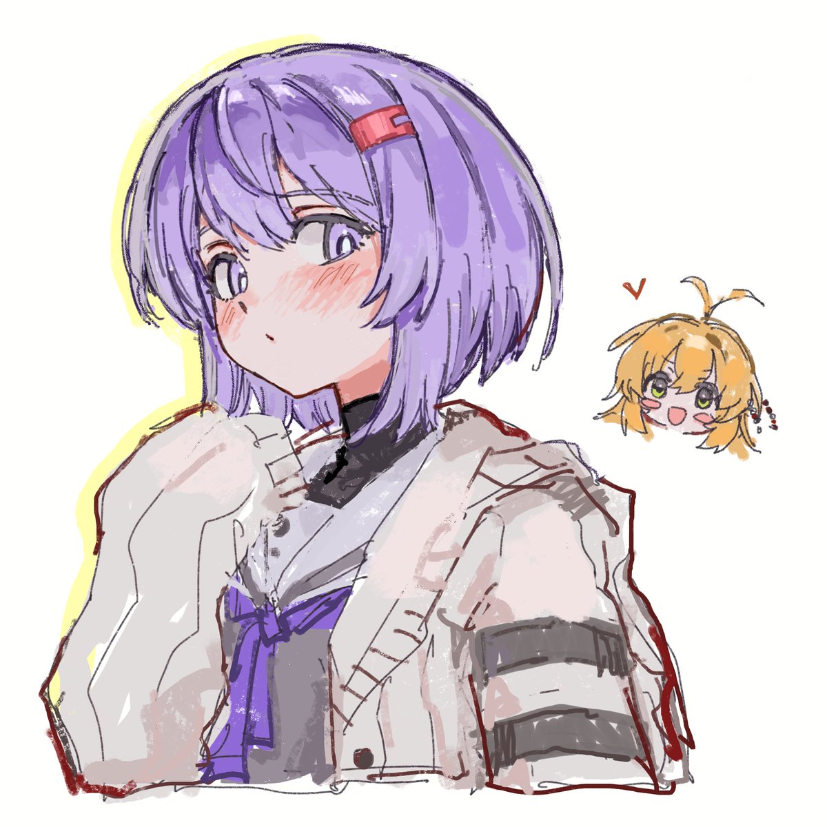 b nosk101, tsurumaki maki, yuzuki yukari, yuzuki yukari (shizuku), a.i. voice, voiceroid, commentary, highres, symbol-only commentary, 2girls, antenna hair, black undershirt, blonde hair, blush, brown cardigan, cardigan, chibi, chibi inset, closed mouth, cropped torso, grey shirt, hair ornament, hairclip, hand up, heart, hood, hood down, hooded cardigan, long sleeves, looking at viewer, multiple girls, neck ribbon, open cardigan, open clothes, purple eyes, purple hair, purple ribbon, ribbon, sailor collar, shirt, short hair, simple background, sleeves past fingers, sleeves past wrists, turtleneck, turtleneck shirt, upper body, white background, white sailor collar
