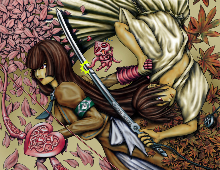 angel gozen (character), hayasaka ouka, hayasaka shusui, busou renkin, 00s, 1boy, 1girl, 1other, angel gozen (weapon), autumn leaves, bow (weapon), brown eyes, brown hair, creature, feet out of frame, floating, flying sweatdrops, hakama, hakama skirt, holding hands, japanese clothes, katana, leaf, long hair, petals, school uniform, short hair, siblings, skirt, sword, sword samurai x, twins, weapon
