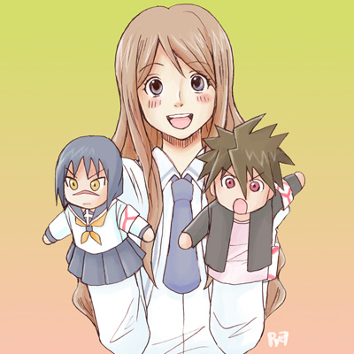 mutou kazuki, mutou mahiro, tsumura tokiko, busou renkin, lowres, 00s, blonde hair, blue eyes, blue hair, brown eyes, brown hair, scar, school uniform, serafuku, yellow eyes