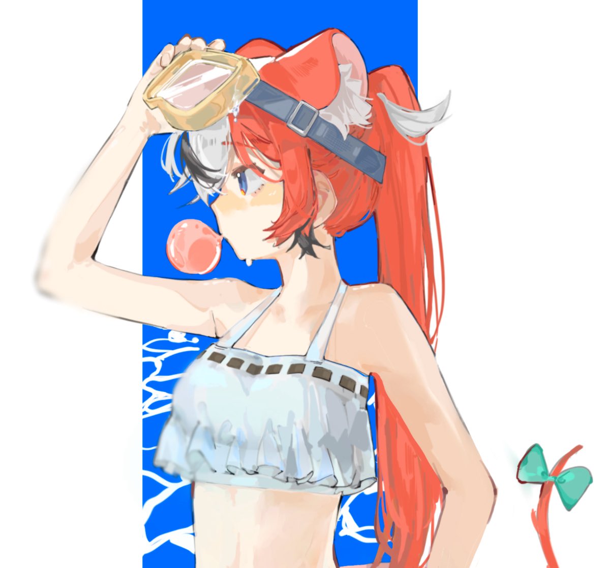 hei (hei 0322), hakos baelz, hololive, hololive english, 1girl, animal ears, blue eyes, bow, chewing gum, diving mask, goggles, mouse ears, mouse tail, multicolored hair, ponytail, red hair, streaked hair, tail, tail bow, tail ornament, virtual youtuber