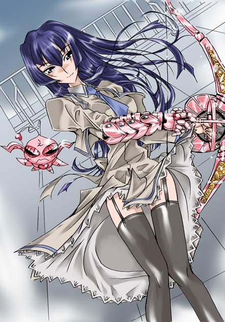 angel gozen (character), hayasaka ouka, busou renkin, blue neckwear, 00s, 1girl, 1other, angel gozen (weapon), blue hair, bow (weapon), creature, facing viewer, feet out of frame, floating, garter straps, knees together feet apart, light smile, long hair, looking at viewer, necktie, outdoors, purple hair, rooftop, school uniform, thigh gap, thighhighs, weapon