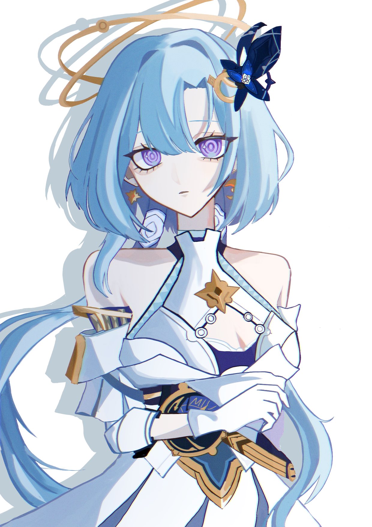 griseo, griseo (cosmic expression), honkai (series), honkai impact 3rd, commentary, highres, 1girl, bare shoulders, blue hair, breasts, cleavage cutout, clothing cutout, cowboy shot, dress, earrings, gloves, hair ornament, halo, jewelry, long hair, looking at viewer, parted lips, purple eyes, sango (sng 3go), shadow, solo, white background, white dress, white gloves