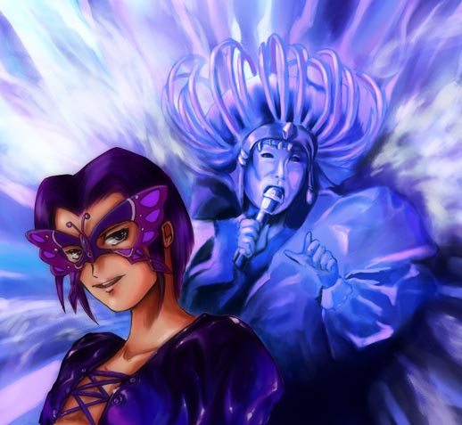 papillon, busou renkin, character request, tagme, 00s, 2boys, chono koshaku, holding, holding microphone, looking at viewer, mask, microphone, multiple boys, purple hair, short hair, upper body