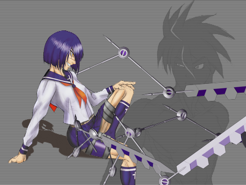 tsumura tokiko, busou renkin, 00s, blue hair, scar, school uniform, serafuku, valkyrie skirt, yellow eyes